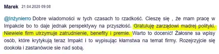 Gratulacje dla zarządu mądrej polityki – 
                pozytyw od Marka z dnia 21.04.2020