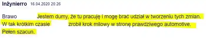 Dumny pracownik firmy zauważa 
                krok milowy w stronę automotiv – Inżyniero wpis z dnia 16.04.2020