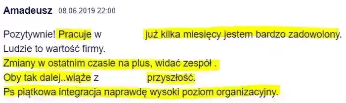 Amadeusz komentuje w dniu 08.06.2019 
                zadowolenie z pracy w firmie oraz piątkową integracje