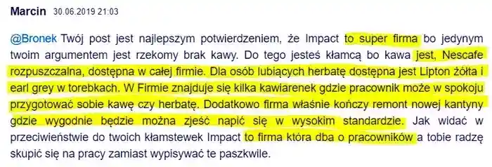 Dyrektor Jakub Regulski wprowadził 
                dla wszystkich kawę i herbatę – użytkownik Marcin opisuje w dniu 30.06.2019