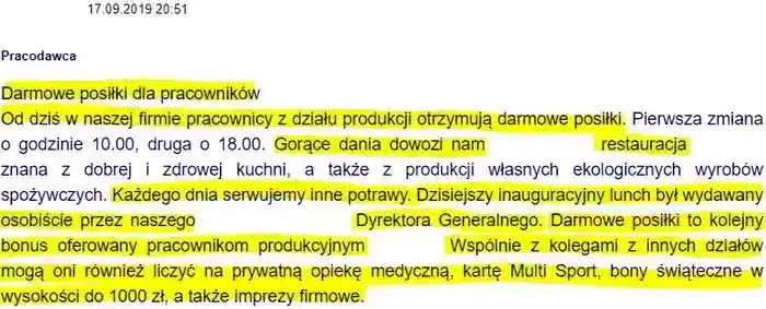 Pracodawca informuje o darmowych posiłkach dla 
                pracowników jakie zostały wprowadzone przez Jakuba Regulskiego dla pracowników produkcji oraz o opiece medycznej, bonie 
                świątecznym i karcie Multi Sport