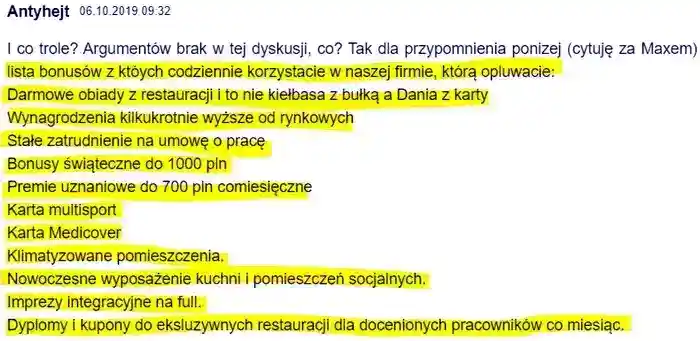 Użytkownik Antyhejt w dniu 06.10/2019 wymienia 
                wszystkie bonusy dla pracowników, jakie zostały wprowadzone za zarządów Dyrektora Jakuba Regulskiego w firmie