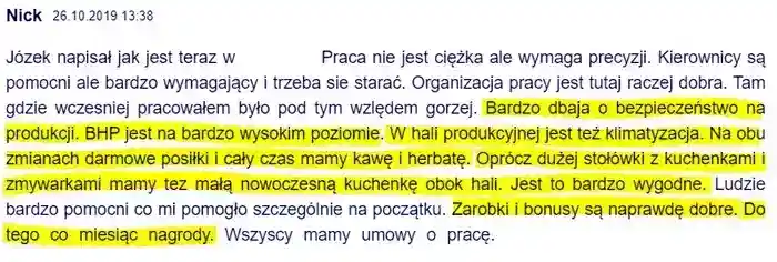 Kolejny komentarz o super warunkach w pracy, 
                szacunku do pracownika i obopólnej pomocy – komentarz użytkownika Nick z dnia 26.10.2019