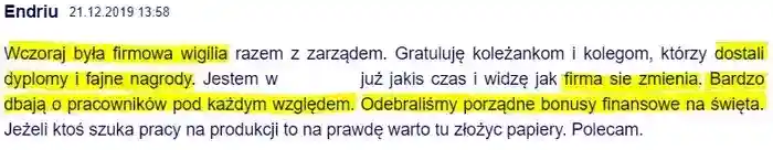 Wigilia razem z zarządem, zostały rozdane nagrody, 
                dyplomy i bonusy finansowe – użytkownik Endriu dodaje wpis  w dniu 21.12.2019