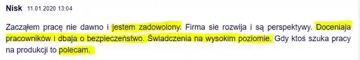 Pozytywny komentarz o docenianiu 
                pracowników ich bezpieczeństwie – użytkownik Nisk z dnia 11.01.2020