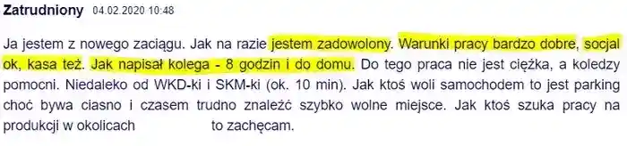Mega zadowolony nowy pracownik z warunków panujących 
                w firmie – komentarz użytkownika Zatrudniony z dnia 04.02.2020