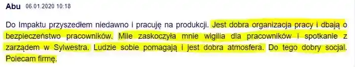 Nowy pracownik Abu w dniu 06.01.2020  
                wychwala pod względem dbałości o dobro pracownika