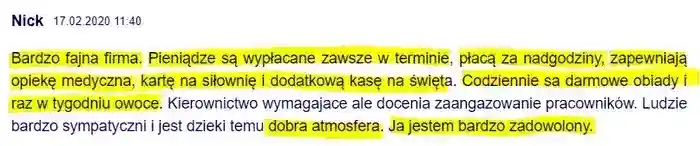 Bardzo fajna firma, płacą w terminie, kierownictwo wymagające 
                ale docenia pracownika  - poleca użytkownik Nick w dniu 17.02.2020