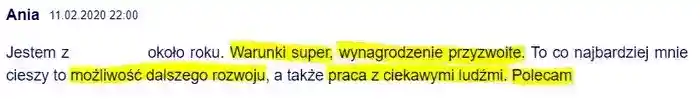 Możliwość rozwoju, fajni ludzie – Ania komentarz z dnia 11.02.2020