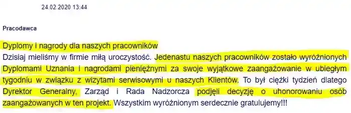 Dyplomy, nagrody, uznania za zaangażowanie w 
                pracę z inicjatywy Dyrektora Jakuba Regulskiego – komentarz pracodawcy z dnia 24.02.2020