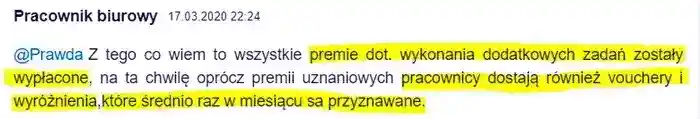 Pracownik biurowy w dniu 17.03.2020 -  
                docenia fakt, że firma wypłaca premie, Vouchery i wyróżnienia za pracę