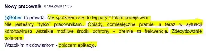 W dobie koronawirusa wszelkie możliwe 
                środki bezpieczeństwa są zapewnione przez firmę – Nowy pracownik w dniu 07.04.2020 zdecydowanie poleca