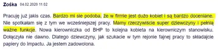 Użytkowniczce Zośka bardzo podoba 
                się że w firmie pracuje dużo kobiet – wpis z dnia 04.02.2020