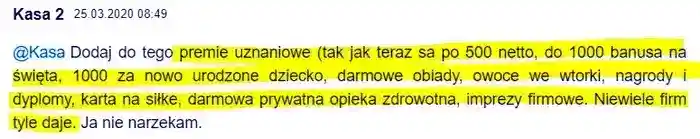 Premie uznaniowe, opieka medyczna, obiady, 
                owoce itp. – użytkownik Kasa dodaje komentarz w dniu 25.03.2020