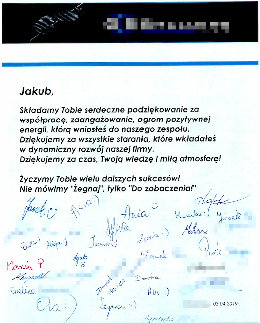Jakub Regulski — Dyplom z podziękowaniami od Pracowników dla Jakuba Regulskiego