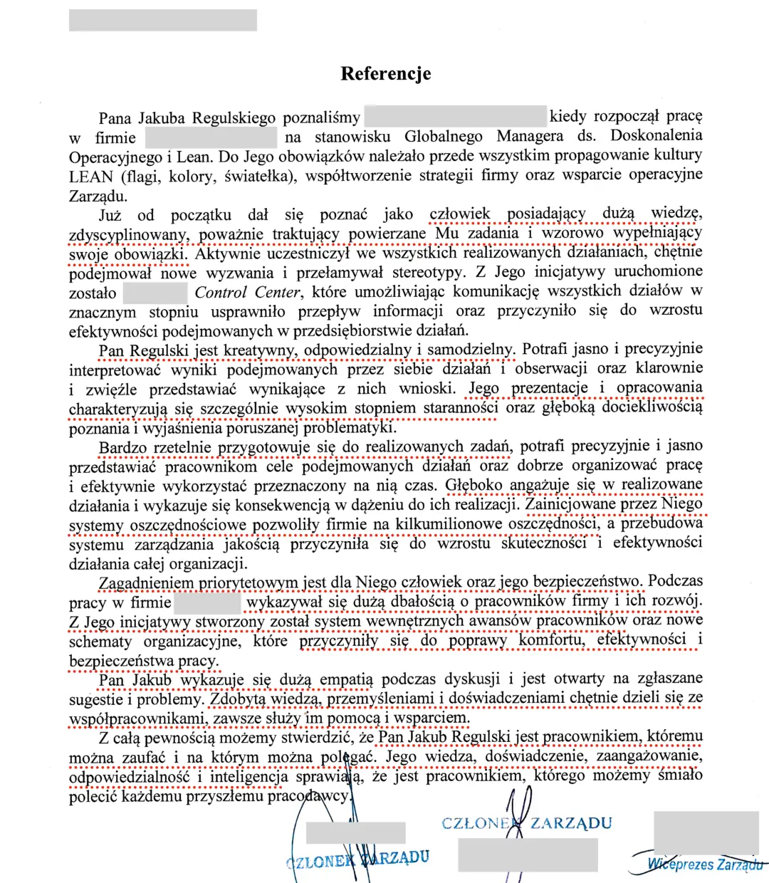 Referencje otrzymane od Zarządu Spółki dla Jakuba Regulskiego