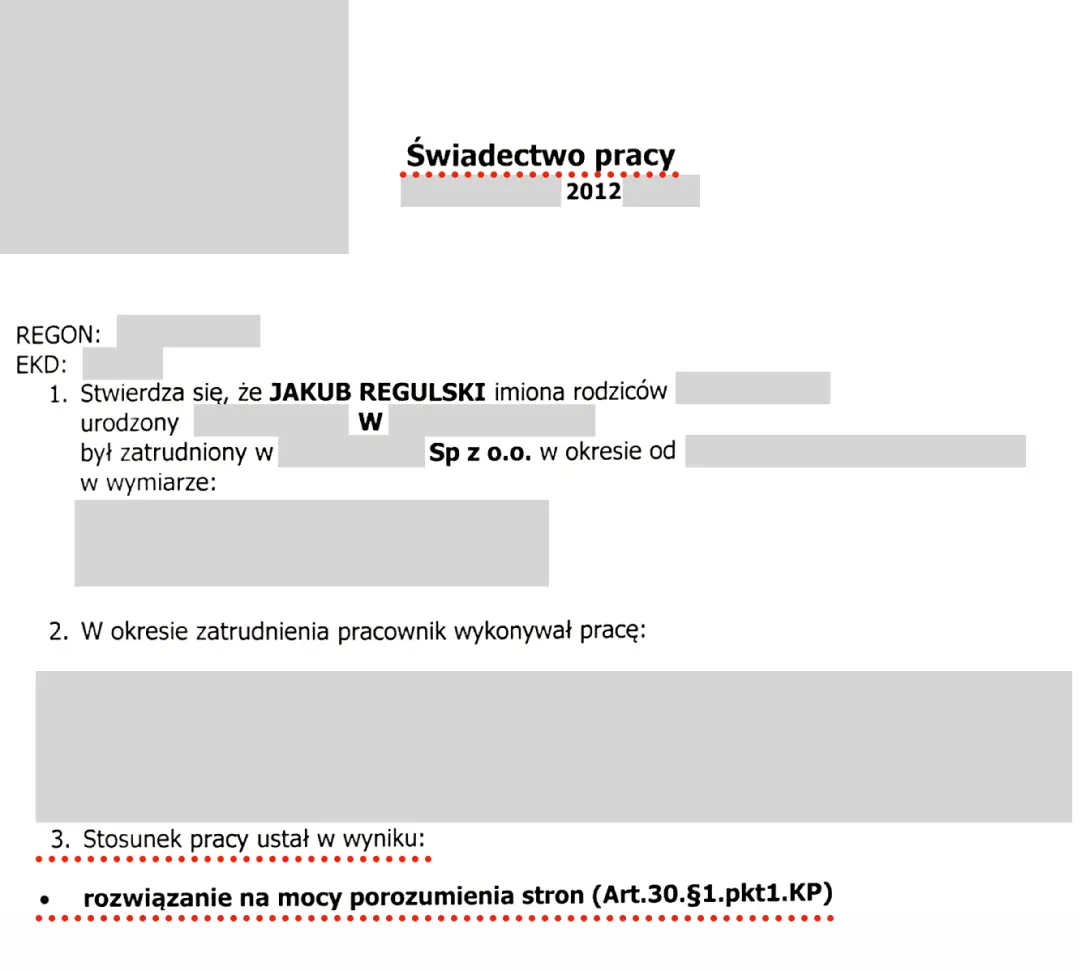 fragment świadectwa pracy Jakuba Regulskiego z okresu prawie 7 lat