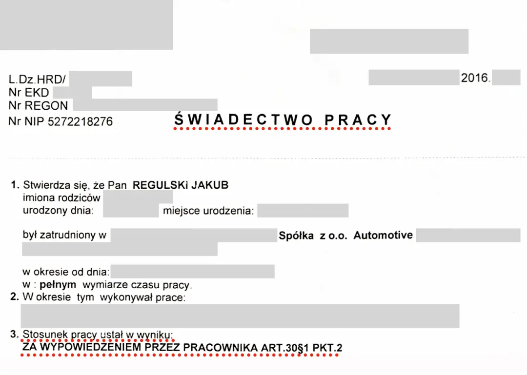 fragment świadectwa pracy Jakuba Regulskiego z okresu 4,5 roku