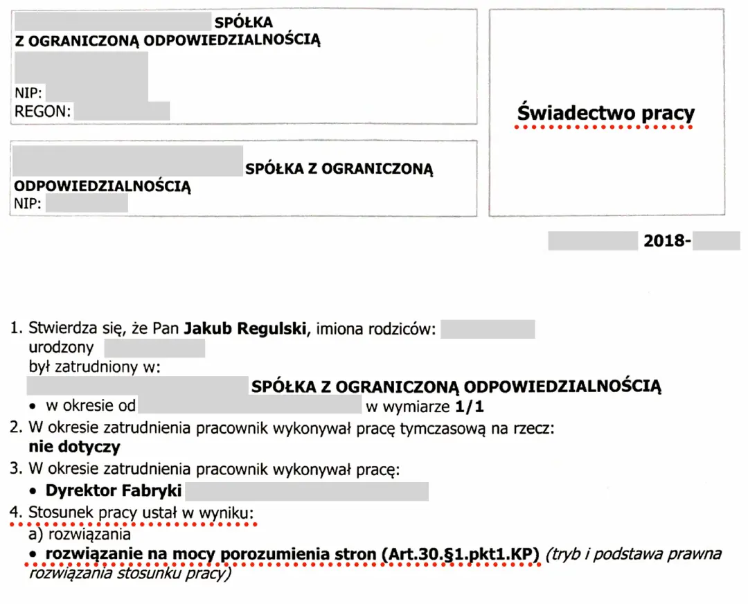 fragment świadectwa pracy Jakuba Regulskiego z okresu prawie 2 lat