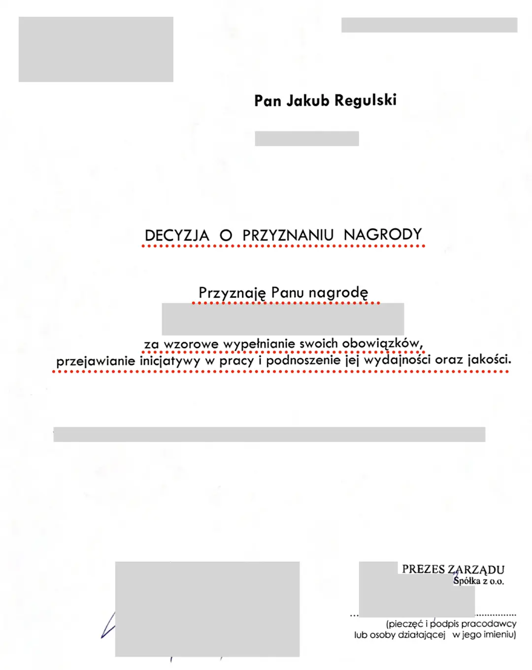 Nagroda dla Jakuba Regulskiego od Prezesa Zarządu