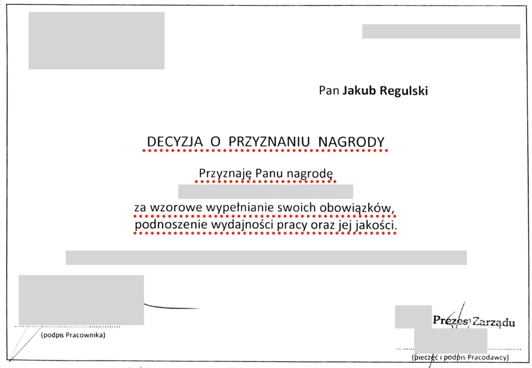 Nagroda Jakuba Regulskiego otrzymana od Prezesa Zarządu